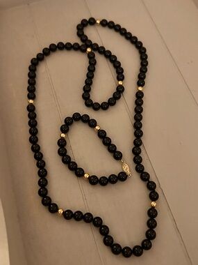 Classic Black Bead Necklace and Bracelet Set with Gold Accents